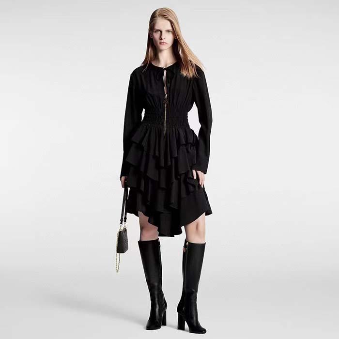 Louis Vuitton Women LV Long-Sleeved Tiered Dress Silk Viscose Elastane Black Regular Fit
