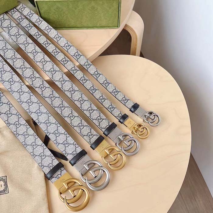 Gucci Unisex GG Marmont Reversible Thin Belt Beige Ebony GG Supreme Canvas Double G Buckle