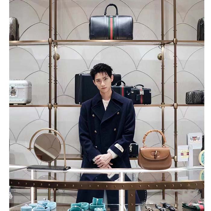 Gucci Men GG Felt Wool Coat Dark Navy Metal Buttons Gucci Cities Label Fully Lined