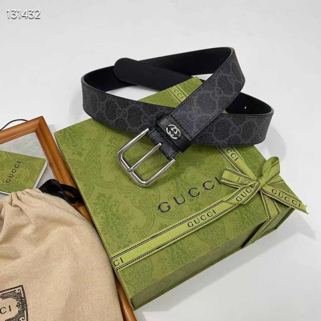 Gucci GG Unisex Belt Interlockig G Black GG Supreme Canvas Leather Square Buckle