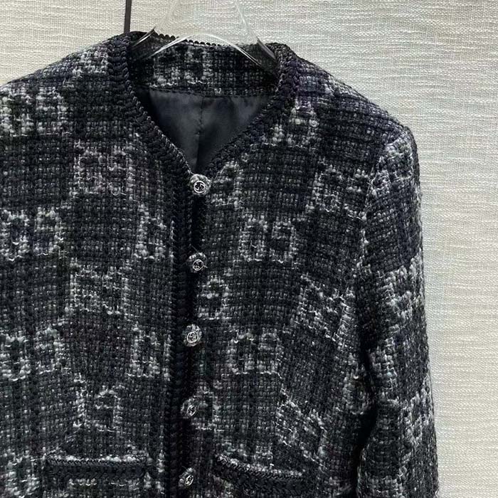 Gucci Women GG Tweed Jacket Dark Grey Lined Collarless Two Front Pockets Button Closure Style ‎761164 ZAPA4 1158