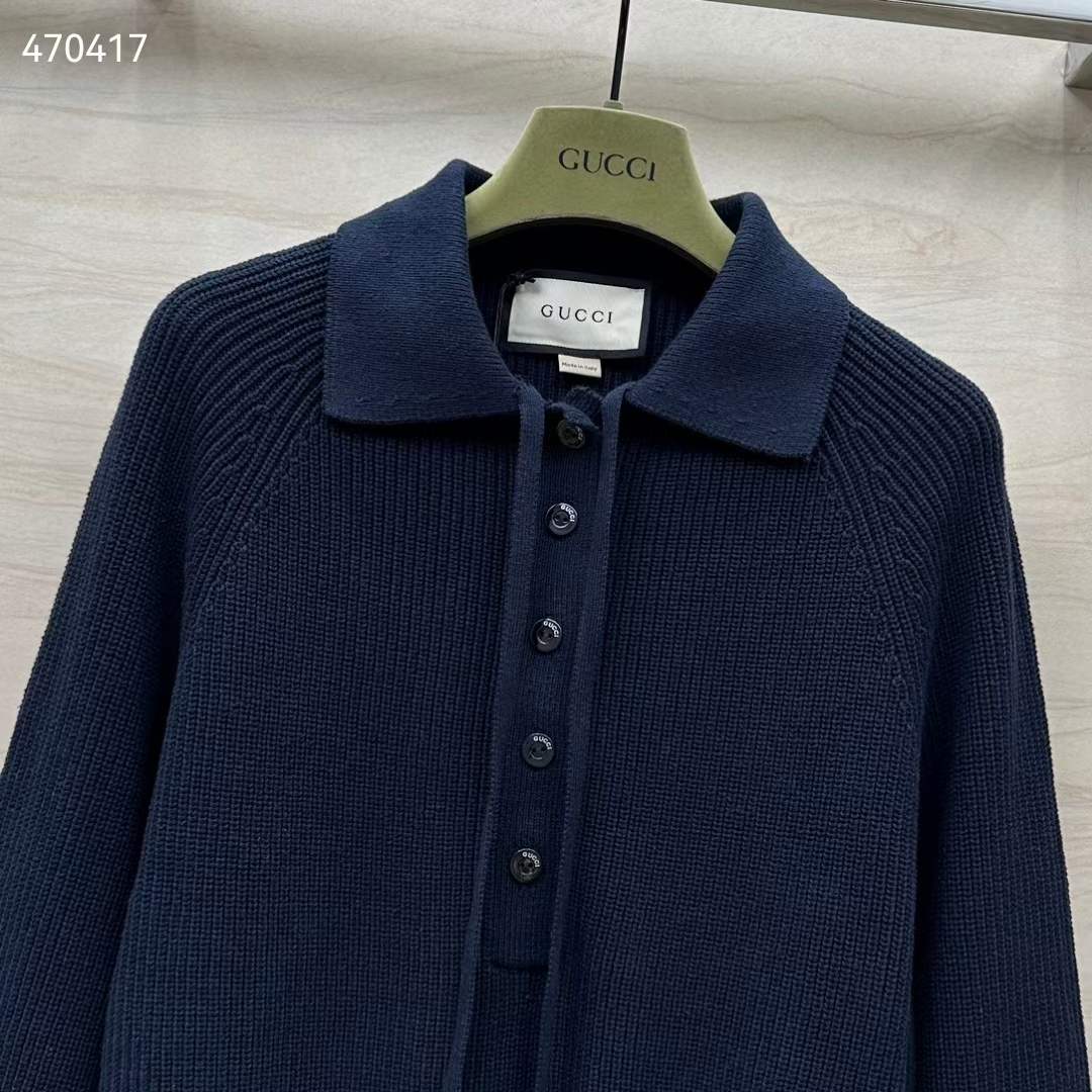 Gucci Women GG Chunky Rib Cotton Polo Top Knitted Label Raglan Long Sleeves