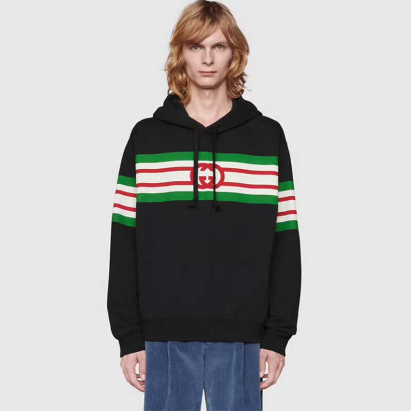 Gucci Men Interlocking G Print Sweatshirt Washed Black Light Felted Cotton Jersey