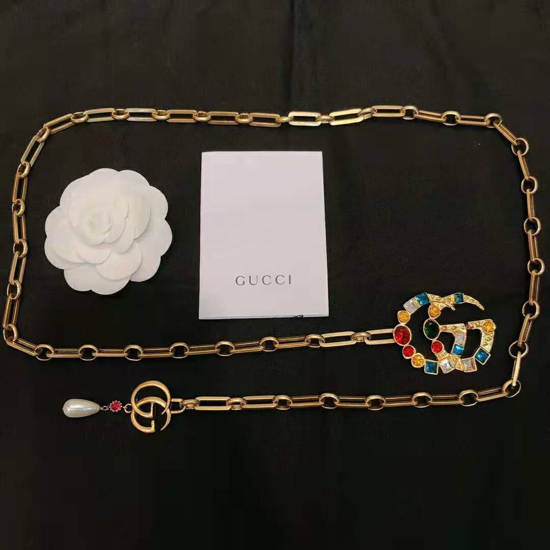 Gucci Women Chain Belt with Crystal Double G Buckle in Gold-Toned Chain