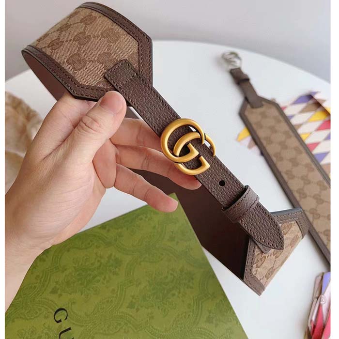 Gucci Unisex GG Marmont Wide Belt Beige Ebony GG Supreme Canvas Double G