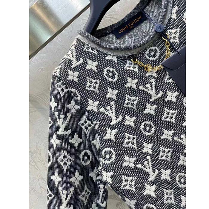 Louis Vuitton Women LV Monogram Jacquard Pullover Wool Cotton Grey Blue Regular Fit