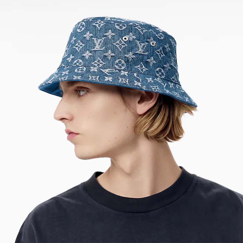 Louis Vuitton Unisex Monogram Essential Bucket Hat Blue Cotton Foil LV Signature