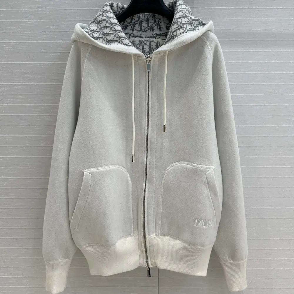 Dior Men Hooded Track Jacket White Cotton Knit and Cashmere