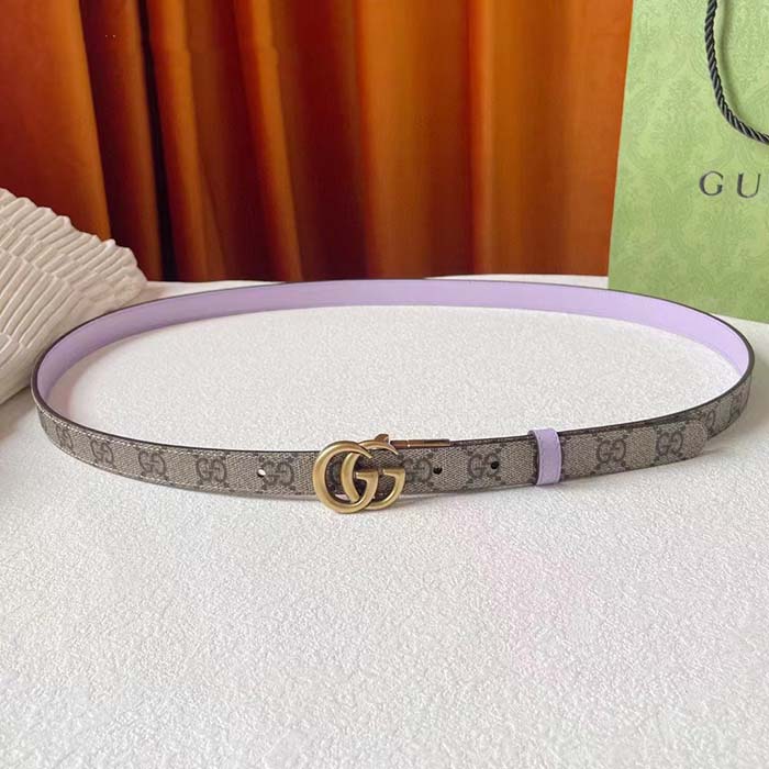 Gucci Unisex Marmont Reversible Thin Belt Beige Ebony GG Supreme Canvas Purple Leather