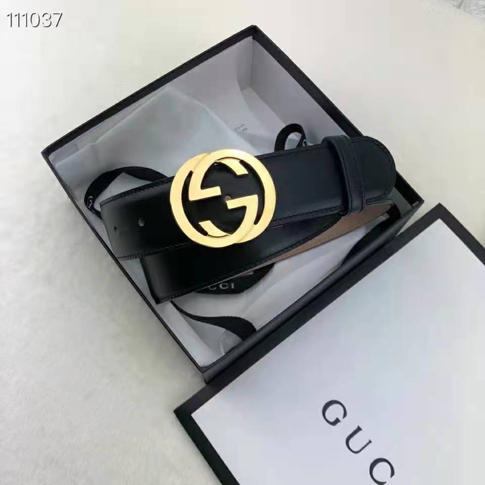 Gucci GG Unisex Leather Belt with Interlocking G Buckle 4 cm Width