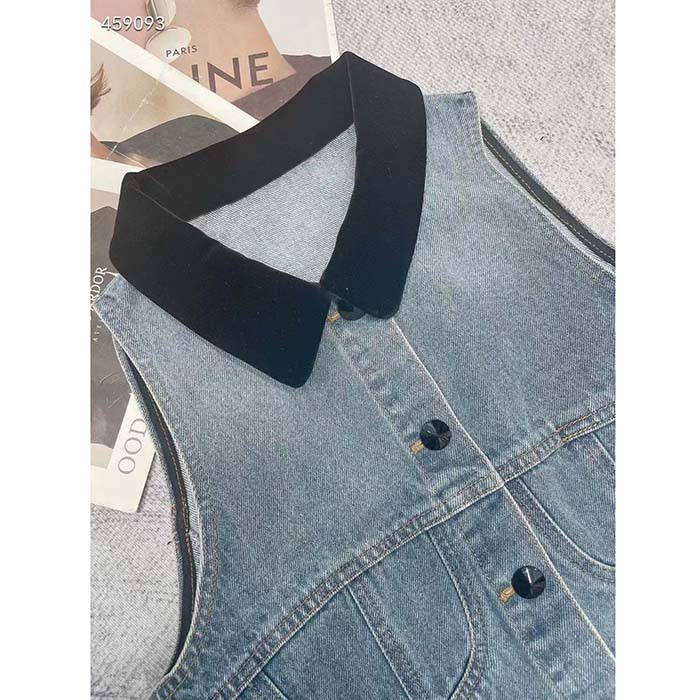Louis Vuitton Women LV Sleeveless Velvet Accent Denim Jacket Cotton Blue 1AFEQ8