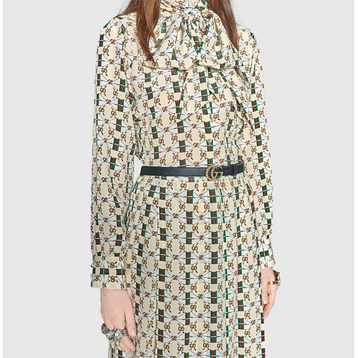 Gucci Unisex GG Leather Belt Pearl Double G Buckle Black 2 CM Width