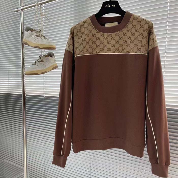 Gucci GG Men Cotton Jersey Sweatshirt GG Canvas Yoke Crewneck Dropped Shoulder Batwing Sleeves