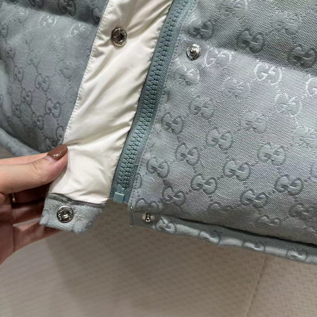 Gucci Women GG Cotton Canvas Padded Vest Blue Lined High Neck Sleeveless Two Side Pockets