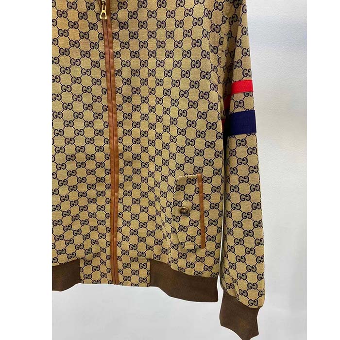 Gucci Women GG Cotton Canvas Zip Jacket Beige Blue Leather Lined Stand Collar Buttons