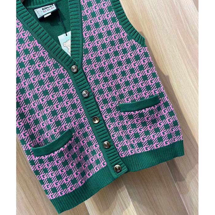 Gucci Women GG HA HA HA Square G Vest Green Pink Wool Jacquard V-Neck Sleeveless
