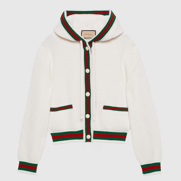 Gucci Women Rib Stitch Wool Cardigan Web Fixed Hood Drawstring Dropped Shoulder Long Sleeves