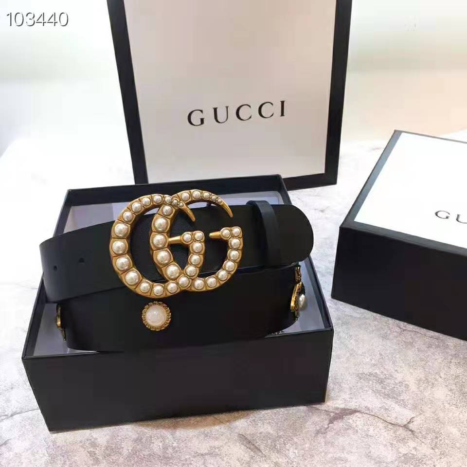 Gucci Unisex Leather Belt with Pearl Double G-Black