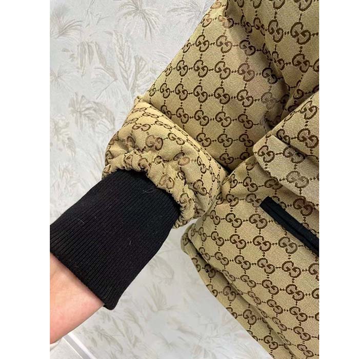 Gucci Women GG Canvas Bomber Jacket Camel Ebony Black Trim Lined Dropped Shoulder Padded