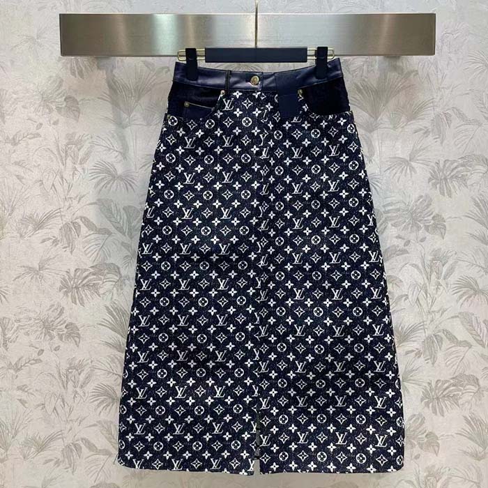 Louis Vuitton Women LV Monogram Denim Midi Skirt Cotton Navy