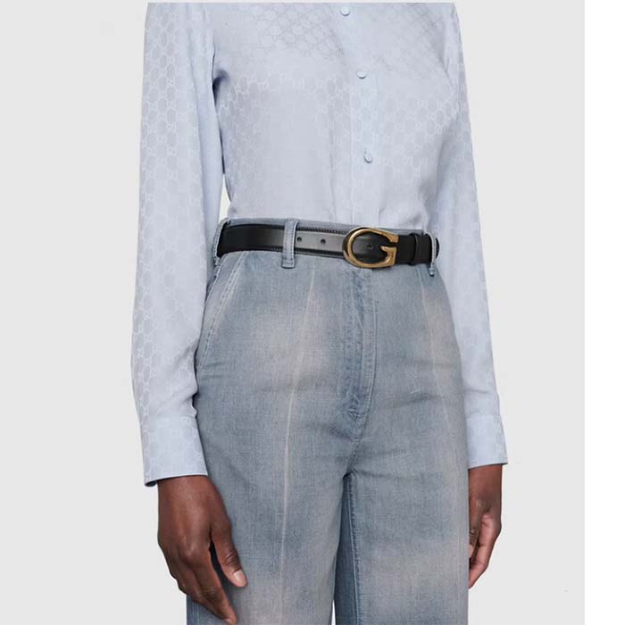 Gucci GG Unisex Thin Belt with G Buckle Black Leather 3 Cm Width