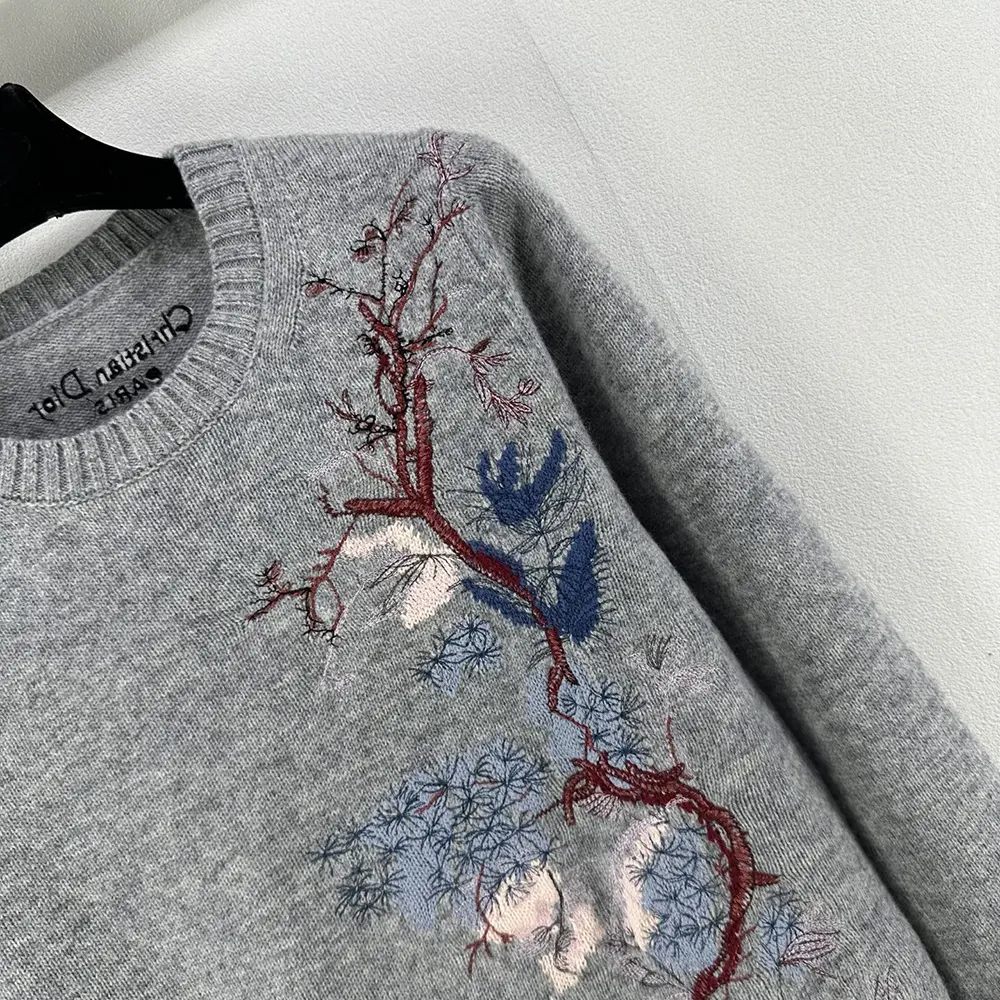 Dior Women Embroidered Sweater Gray Cashmere Knit with Multicolor Dior Pine Tree Motif