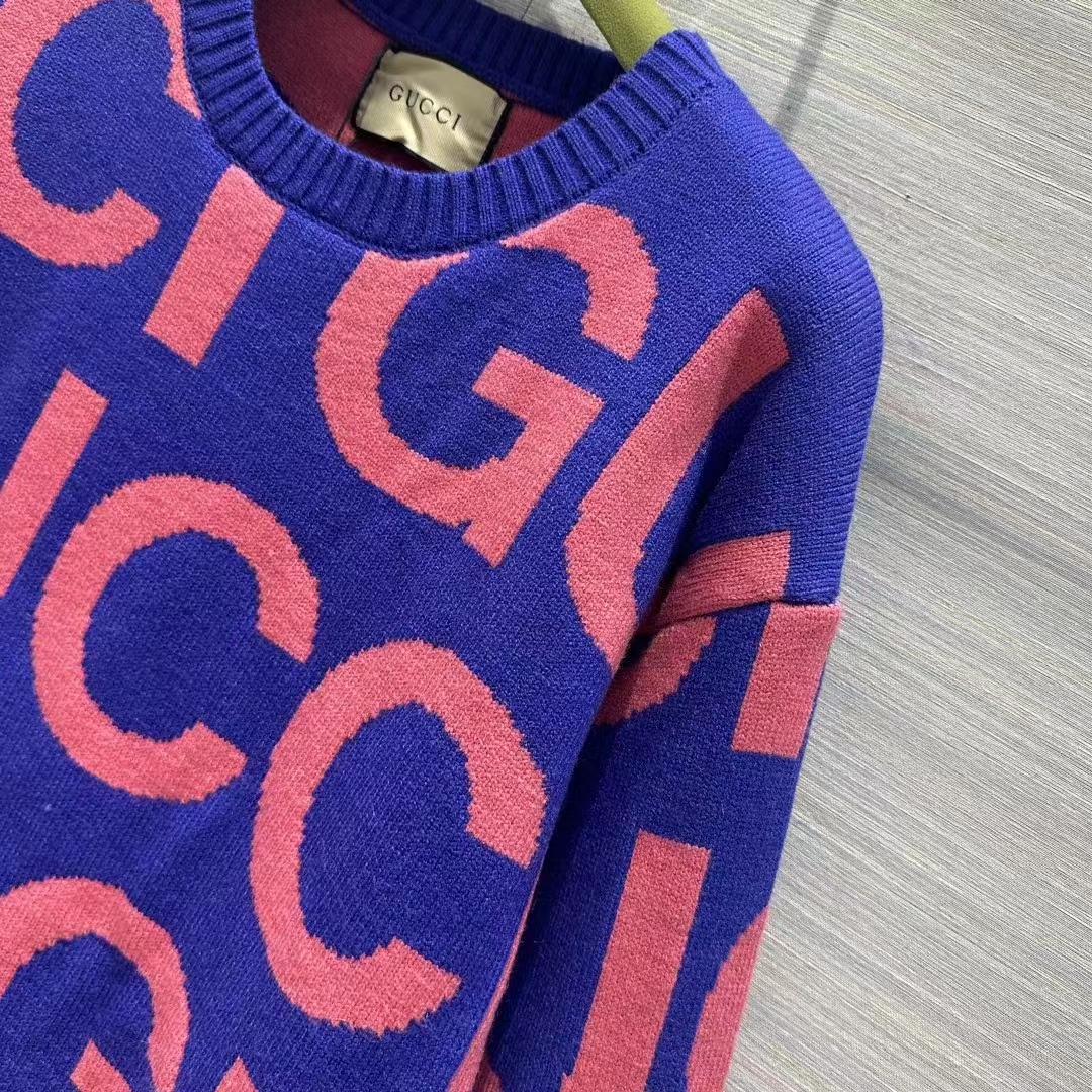 Gucci Women GG Wool Sweater Gucci Intarsia Blue Crewneck Dropped Shoulder