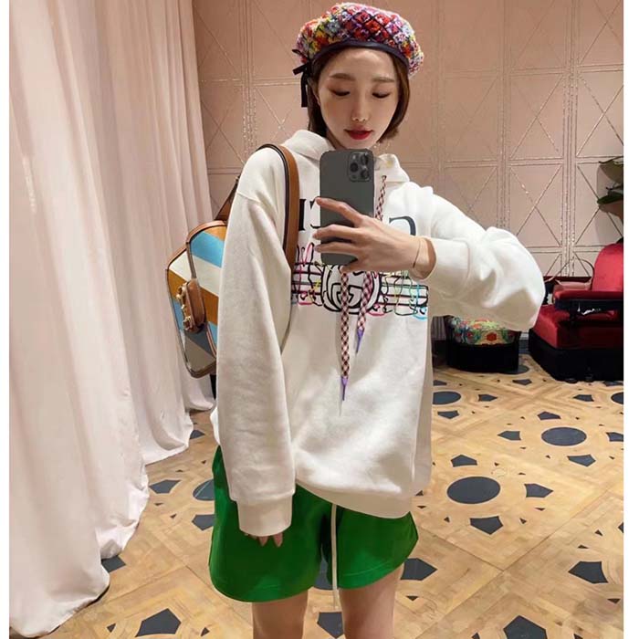 Gucci Women GG Logo Bunny Print Hooded Cotton Sweatshirt Off White Cotton Jersey