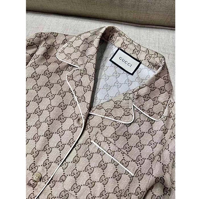 Gucci Women GG Supreme Print Beige Ebony Silk Piped Notch Collar Long Sleeves