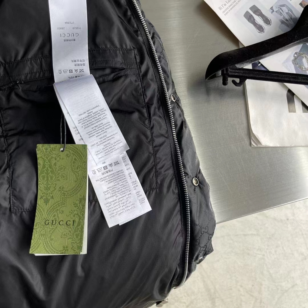 Gucci Women GG Nylon Jacquard Jacket Web Black Stripe Lined Fixed Hood Rib Cuffs