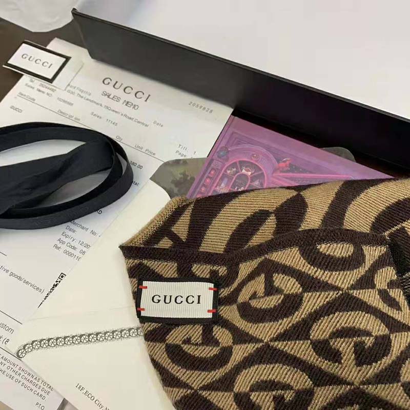 Gucci Unisex G Rhombus Jacquard Scarf in Wool and Cotton-Brown