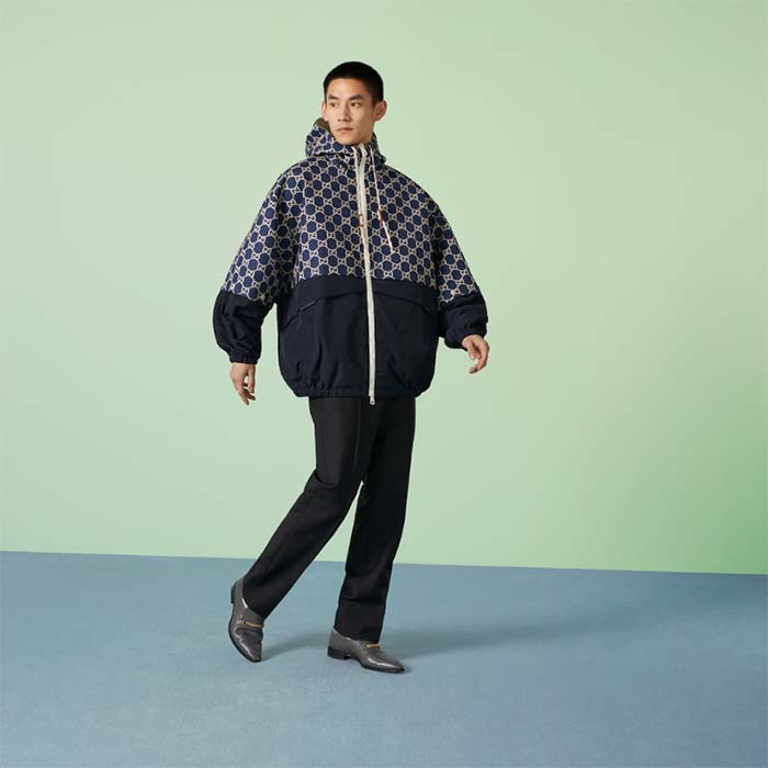 Gucci Men GG Ripstop Fabric Zip Jacket Blue Ivory GG Padded Detachable Sleeves