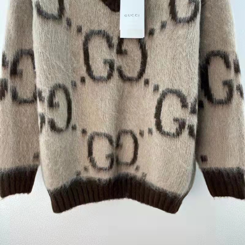 Gucci Women GG Mohair Wool V-Neck Sweater Beige Brown