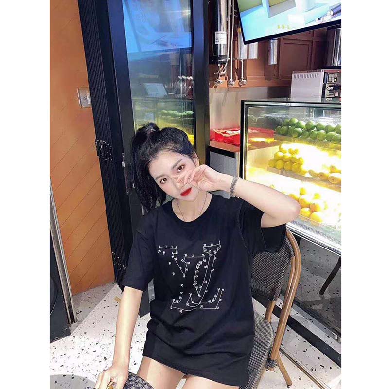 Louis Vuitton LV Women LV Stitch Print Embroidered T-Shirt Regular Fit Cotton-Black