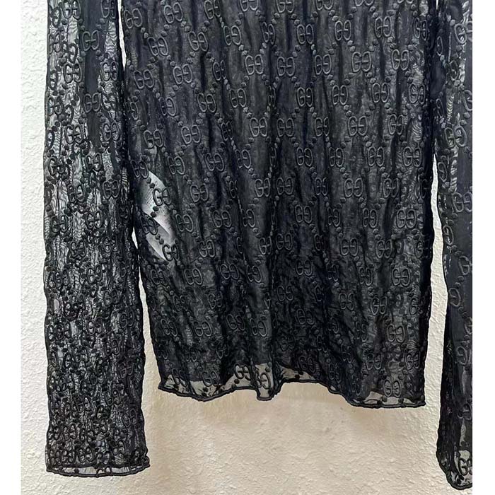 Gucci Women GG Embroidered Tulle T-Shirt Black Long Sleeve Fitted Cotton