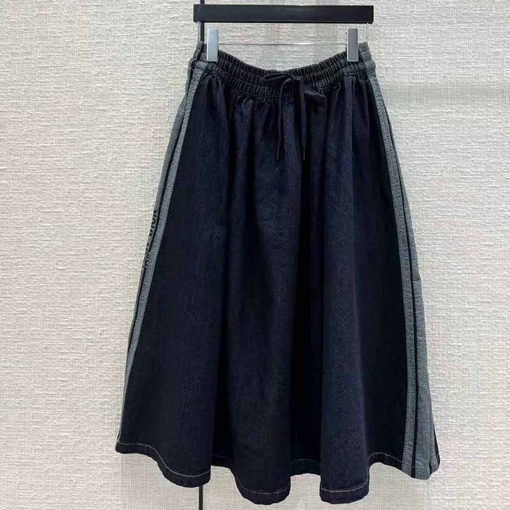Dior Women Denim Couture Mid-Length Skirt Deep Blue Lightweight Cotton Denim