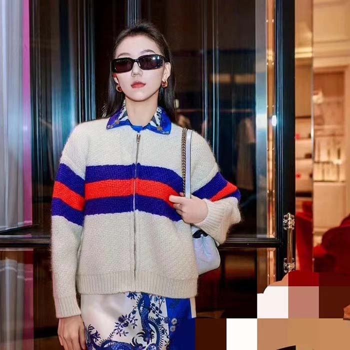 Gucci Women GG Wool Mohair Cardigan Web Knitted Collar Dropped Shoulder Long Sleeves