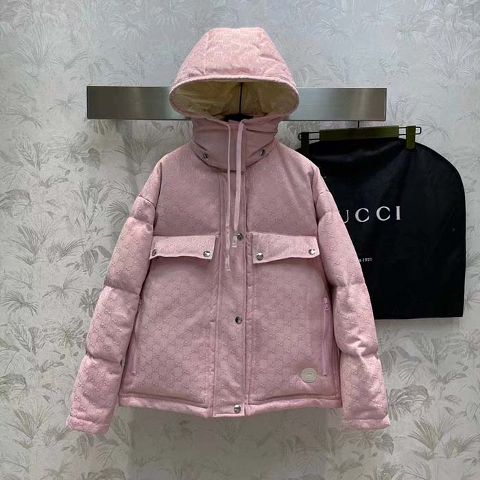 Gucci Women GG Cotton Canvas Puffer Jacket Light Pink GG Lined Interlocking G Two Front Pockets