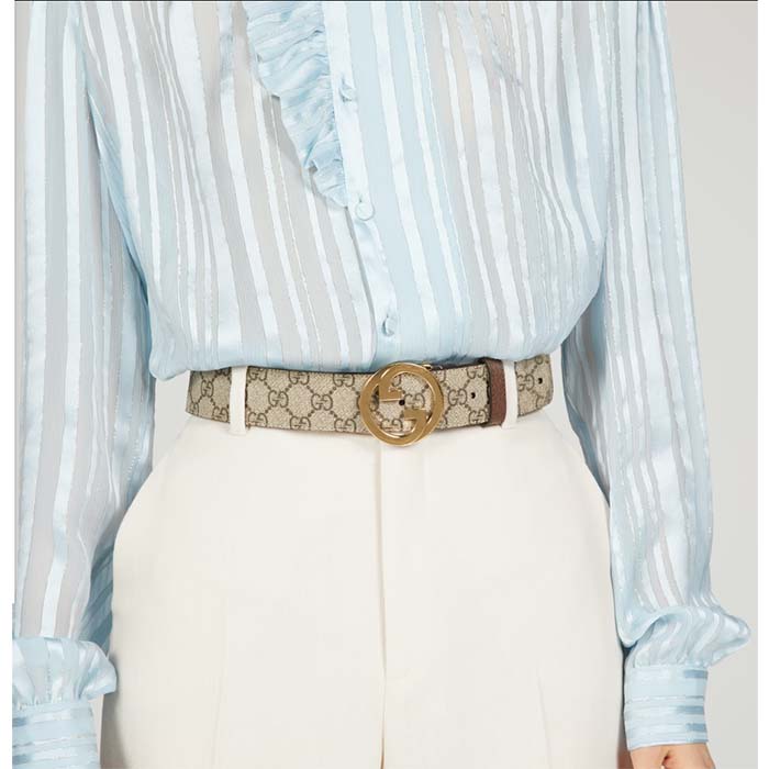 Gucci Unisex GG Blondie Belt Round Interlocking G Buckle Ebony Beige Supreme Canvas