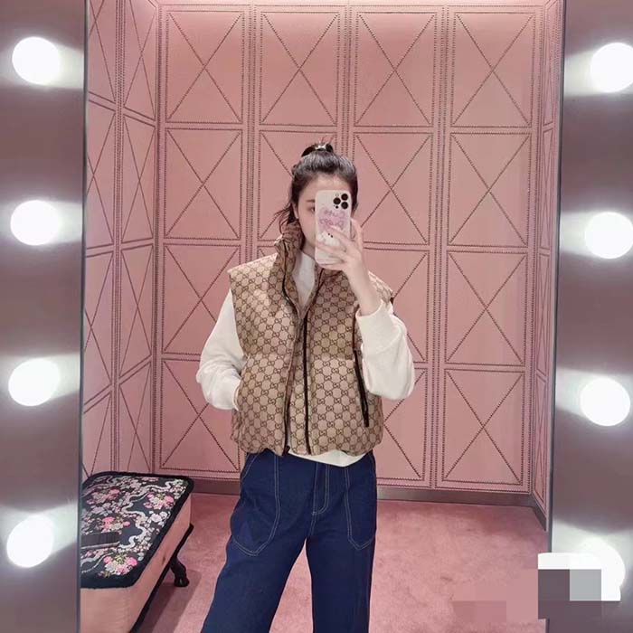 Gucci Women Canvas Padded Gilet GG Canvas Lined Concealed Hood High Neck Sleeveless