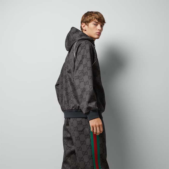 Gucci Men GG Jumbo GG Zip Jacket Web Dark Grey Neoprene Canvas Raglan Sleeves