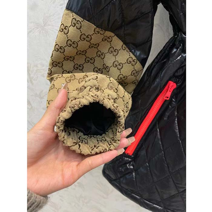 Gucci Women GG Canvas Nylon Zip Jacket Interlocking G Patch High Collar Drawstring Waistband