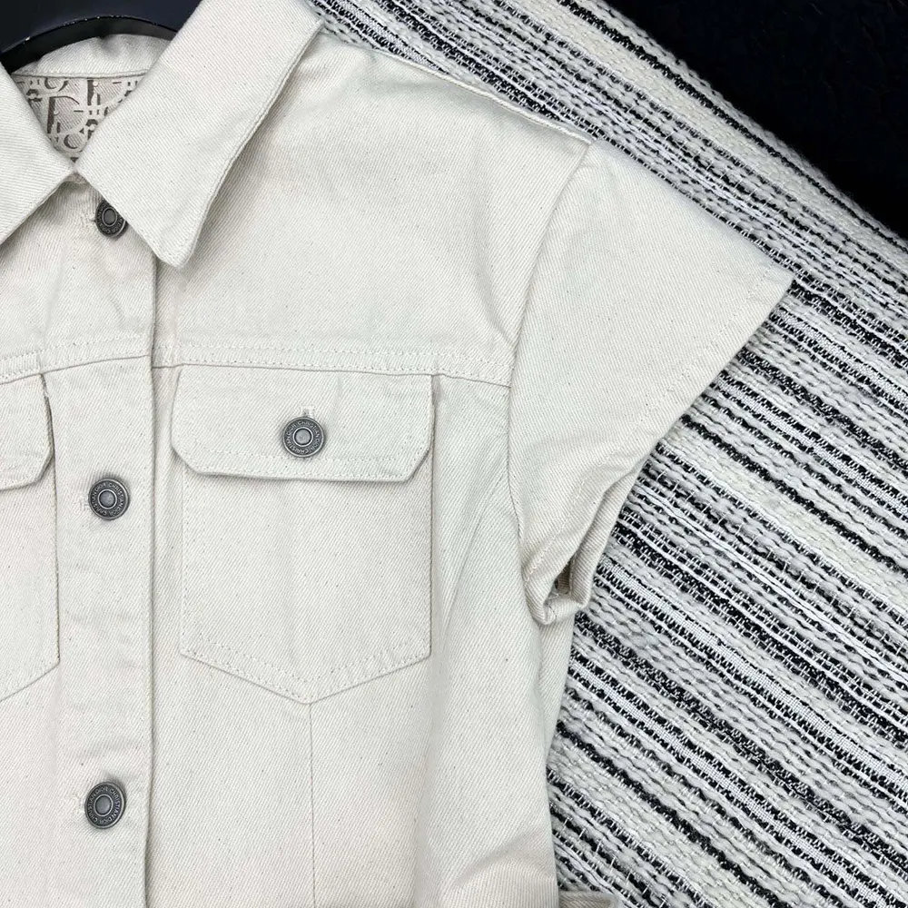 Dior Women Short Belted Shirtdress Ecru Cotton Denim with Dior Oblique Interior