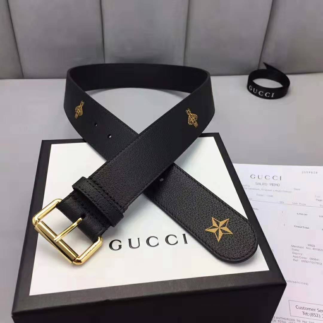 Gucci Unisex Belt with Bees and Stars Bet in Black Metal-Free Tanned Leather