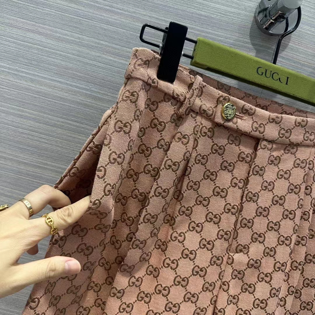 Gucci Women GG Canvas Print Camel Ebony Belt Loops Wide Leg Cropped Length