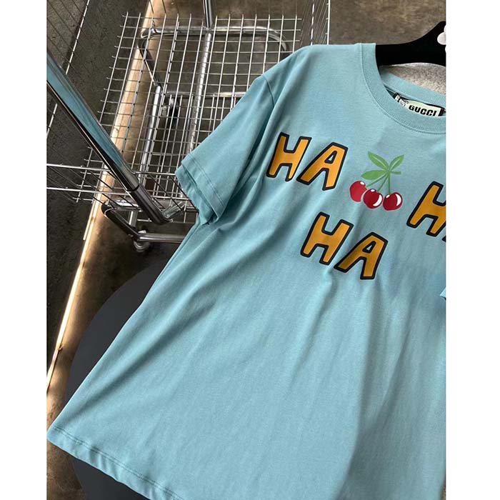 Gucci Women GG HA HA HA Cherry T-Shirt Light Blue Medium Cotton Jersey Crewneck
