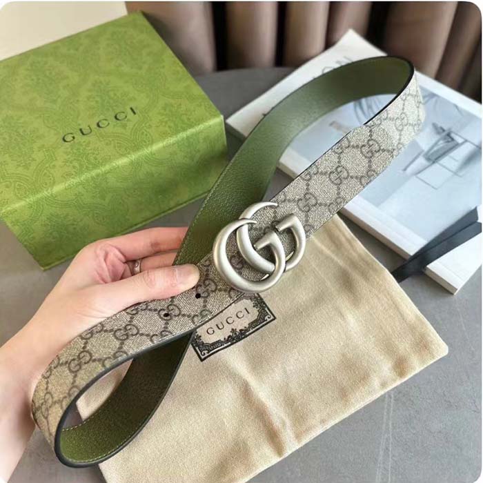 Gucci GG Unisex Marmont Reversible Belt Beige Ebony Supreme Canvas 3.8 CM Width