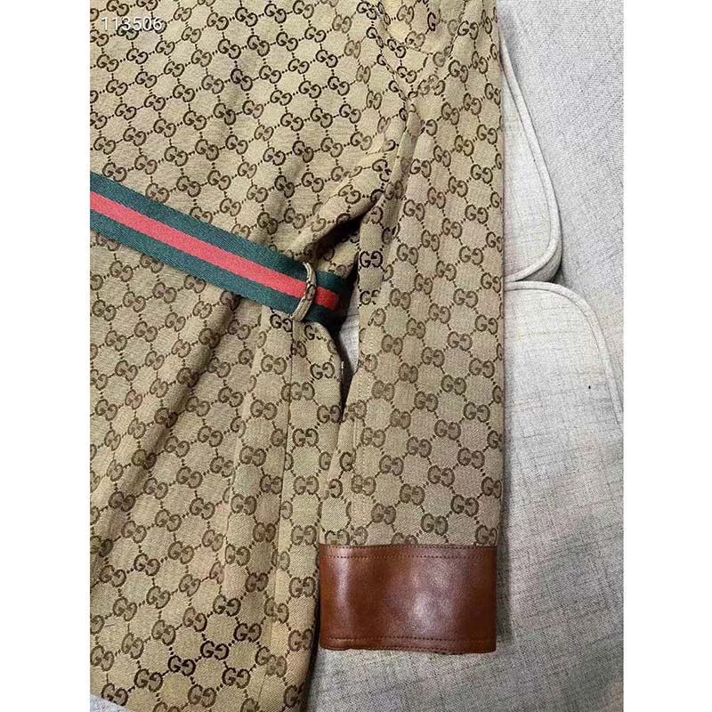 Gucci Women GG Canvas Jacket Web Belt Cotton Camel Ebony Point Collar