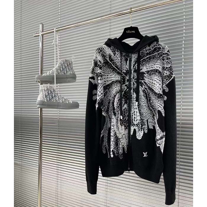 Louis Vuitton Women LV x YK Psychedelic Flower Zipped Hoodie Wool Polyamide Black White Regular Fit