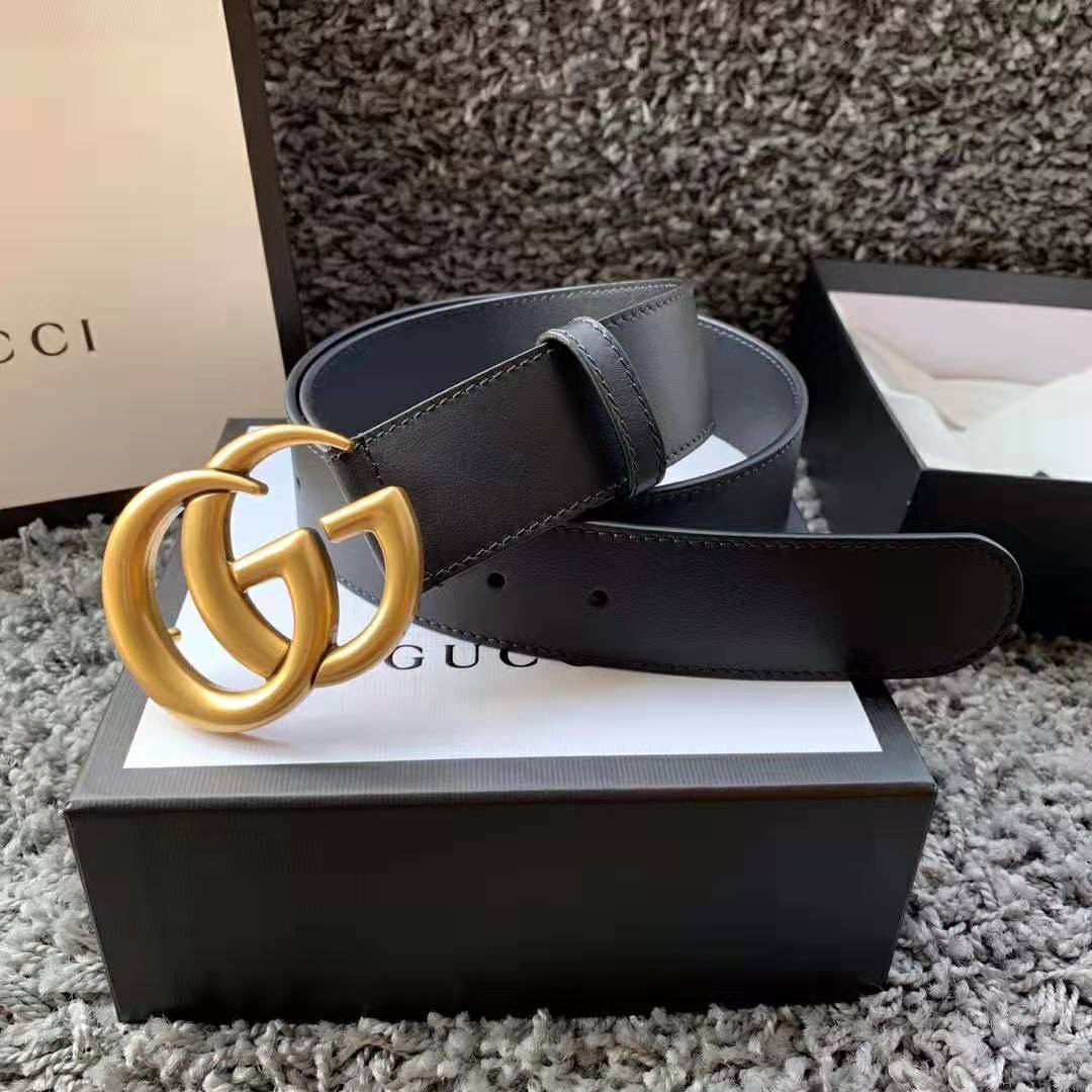 Gucci Unisex GG Marmont Leather Belt with Shiny Buckle in 3.8cm Width-Black